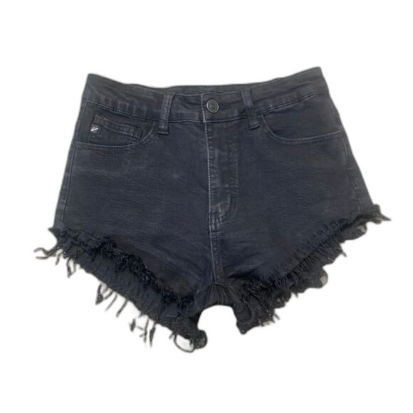 KanCan High Rise Shorts Womens 26 Raw Hem Black Jean Festival Baddie Vibes - Picture 1 of 7